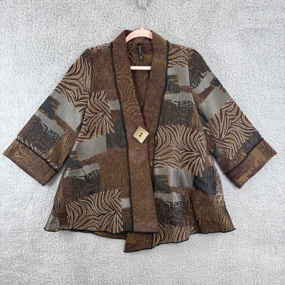 IC by Connie K Patchwork Tapestry Kimono Jacket Size S Animal Print Artsy Brown